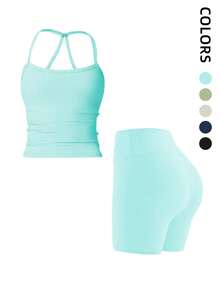 1 Pack Summer Women's Open Back Tracksuit Set Camisole Top High Waist Yoga Shorts Quick Dry Set Is Suitable For Holidays, Travel Work, Sports Wear - Màu xanh ngọc - Xem 1