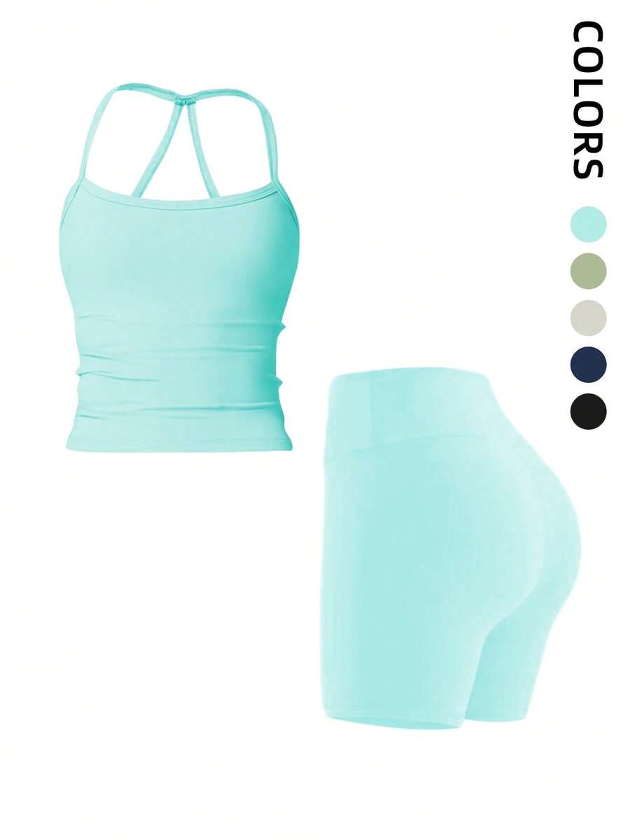 1 Pack Summer Women's Open Back Tracksuit Set Camisole Top High Waist Yoga Shorts Quick Dry Set Is Suitable For Holidays, Travel Work, Sports Wear - Màu xanh ngọc - Xem 1