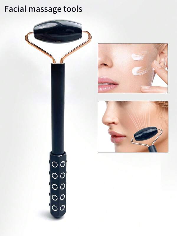 1pc Face Massage Roller With Aluminum Alloy Handle, Dual-Head Roller Face Massage Tool For Men, One Head Massage Stone And One Head Beauty Bar, Face Beauty Bar, Arms And Legs Massager
