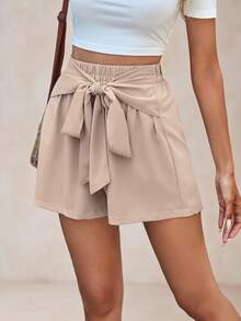 EMERY ROSE Women's Elastic Waist Bowknot Tie Casual Shorts - Khaki - View 5