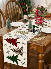 1 pieza Mantel de poliéster de 35*180cm/13.78*70.87 pulgadas, decoración de árbol de Navidad y copos de nieve, fondo simple de color crema estilo nórdico para decoración de mesa de comedor en fiestas, cenas y eventos navideños