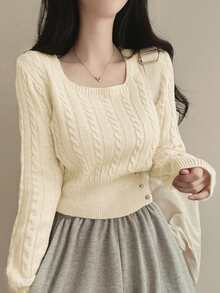 韩版休闲秋冬麻花针织毛衣，单排扣方领纯色套头衫，女士 - 乳白色 - 查看 1