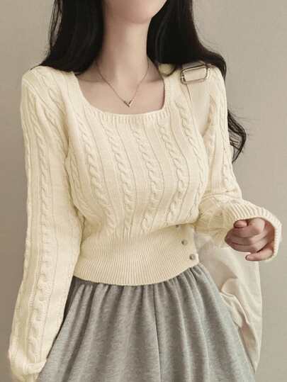 韩版休闲秋冬麻花针织毛衣，单排扣方领纯色套头衫，女士
