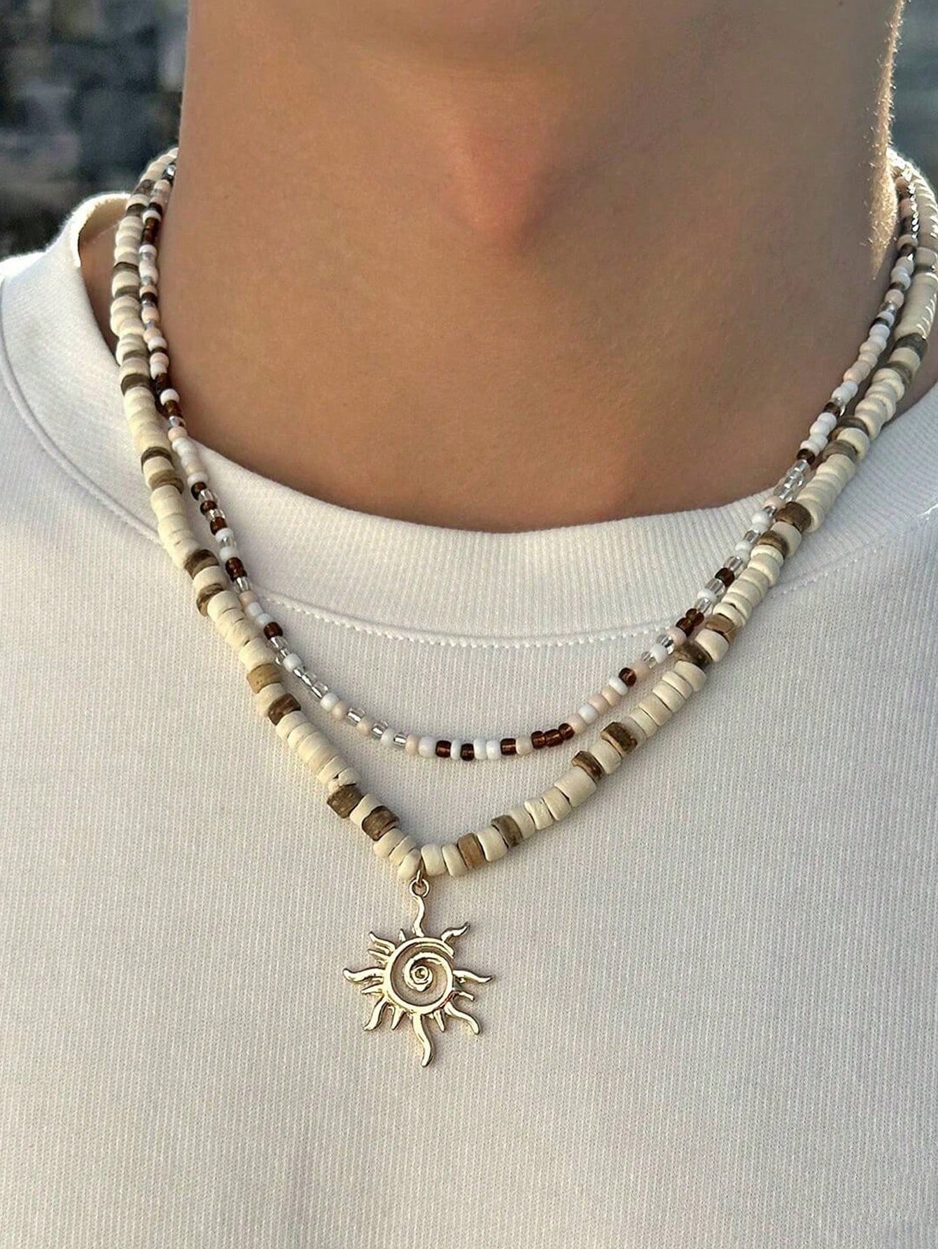 2pcs Coconut Shell Beaded Necklace, Layered Sun Pendant Choker Necklace For Men And Women, High-End