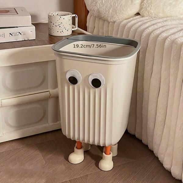 1 pieza Cubo de basura de plástico lindo y de dibujos animados con textura acanalada y ojos juguetones, de tapa abierta rectangular y autónomo, adecuado para dormitorio, sala de estar - sin electricidad necesaria, cubo de basura duradero, cubo de basura para dormitorio, organización del hogar, decoración del hogar alegre, diseño ligero, accesorio para el hogar divertido