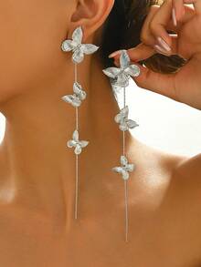 1 对全新复古创意优雅芭蕾风格金属感动感金色蝴蝶连接长流苏耳环，适合日常佩戴、度假和赠送朋友 - Silvery - 查看 1