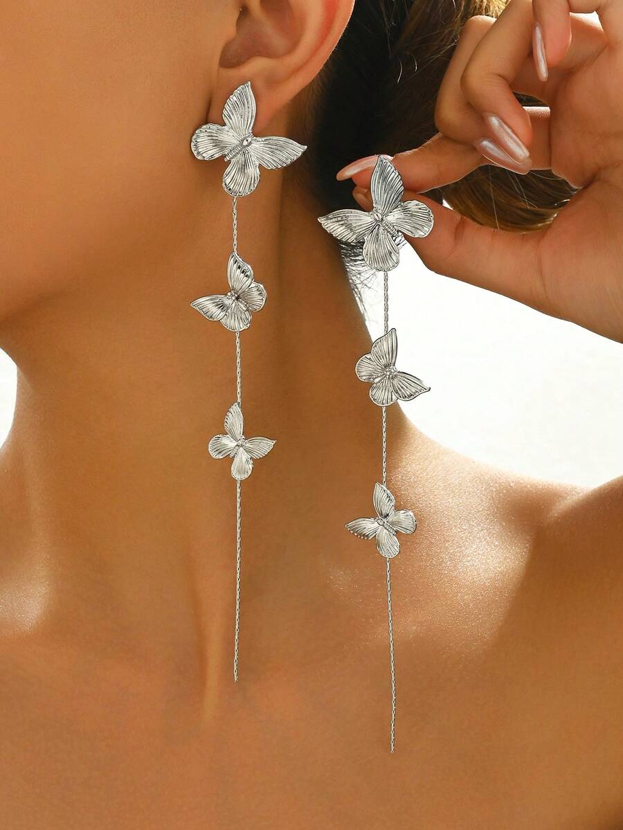 1 对全新复古创意优雅芭蕾风格金属感动感金色蝴蝶连接长流苏耳环，适合日常佩戴、度假和赠送朋友 - Silvery - 查看 1