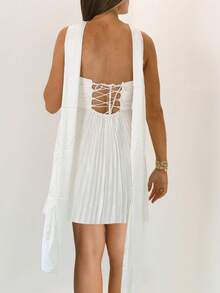 Women Y2K Pleated Strapless Mini Dress Silk Satin Ruffle Short Dress Scarf A Line Tube Dresses Beach Clubwear - 白色 - 查看 2