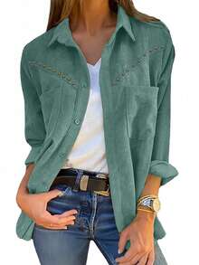 Camisa de pana con remaches y bolsillos dobles para mujer, top casual retro, apto para todas las estaciones, primavera - Verde - Ver 3