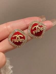 2 件韩式奢华红色字母耳环，镶嵌珍珠和微镶嵌水钻，高端品质百搭耳环 - 滿鑽字母耳釘 - 查看 3