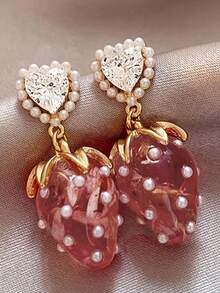 1 对草莓心形水钻耳环，时尚优雅百搭，适合女性，夏季 - 粉色 - 查看 4