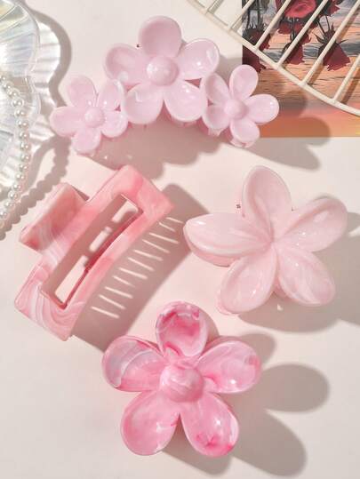 4 件套春夏波西米亚甜美渐变粉彩雏菊花大理石图案发夹，时尚自然，适合海滩发饰花朵发夹，学校用品，学院时尚发夹秋季配饰秋冬度假装女士