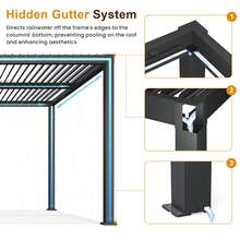 Louvered Pergola, Outdoor Metal Canopy With 2 Independently Adjustable Louver Roof, Patio Pergola With Curtains & Netting, Great For Patio, Deck, Yard, Garden, Black - 黑色 - 查看 2