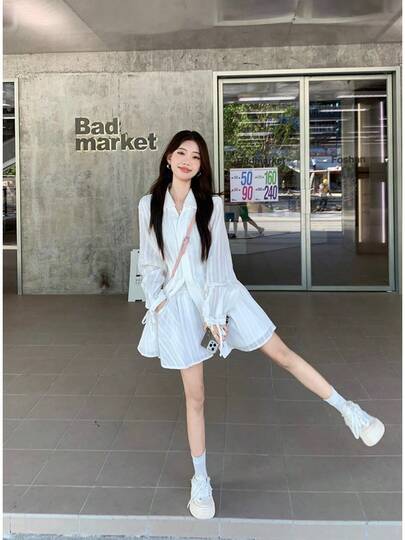 気品韓系ワンピース新型バンドハイウエストで着やせ2025シャツカジュアル2点セット