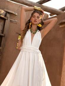 Faeriesty BohoBloom Elegant Deep V-Neck Backless Tie Strap Summer Dress - Refined Beach Vacation, Casual Summer And Bohemian Outings - White - View 5