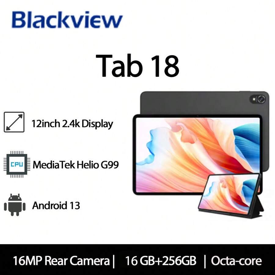 Tablet PC Blackview Tab18 con display da 12 pollici 2000x1200, CPU octa-core Heilo G99, 8+8 GB di RAM, 256 GB di ROM con espansione per scheda Micro SD da 1 TB, supporto LTE, tablet Android 13 Dual SIM, batteria da 8800 mAh con versatile porta Type-C, fotocamere posteriori da 8 MP+16 MP. - Spina tipo C UE (220-240 V) - Visualizzare 1