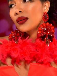 1 对几何红水晶和红色羽毛装饰超大吊坠耳环，个性化夸张耳环，适合表演和宴会 - 金色 - 查看 1