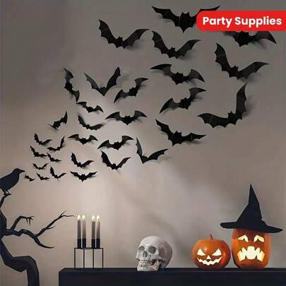 120/180/60pcs 3D Decorative Black Bat Wall Stickers, DIY Halloween Party Supplies, Festival And Window Cartoon Decoration