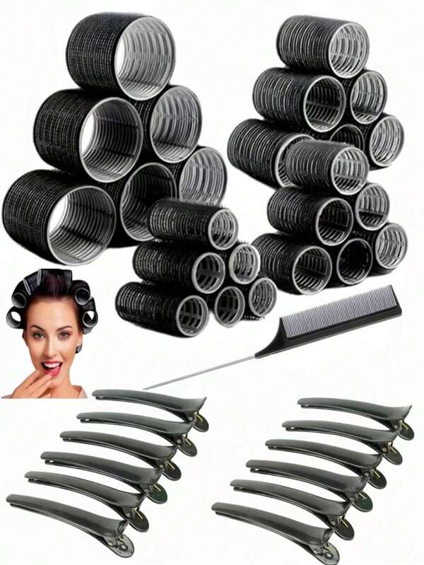 Set de 37 piezas con rodillos de agarre automático, incluyendo 24 rodillos en 4 tamaños diferentes, 12 pinzas y 1 peine para peinado tipo blowout (color aleatorio)