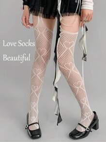 1 Pair, Sweet And Cool Heart-Shaped Garter Stockings, Heart Mesh Garter Stockings, Sexy White Fishnet Stockings, Hollow Over-The-Knee, One-Piece Pantyhose, Cute Leg Stockings, Festival Accessories, Music Festival, Couple Date Dress Up Leg Stockings