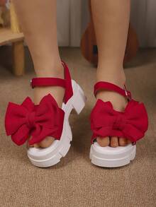 New Summer Fashion Girls High Heel Sandals, Bow Decor Sweet & Cute Thick-Soled Comfortable, Suitable For Outdoor Play & Vacation