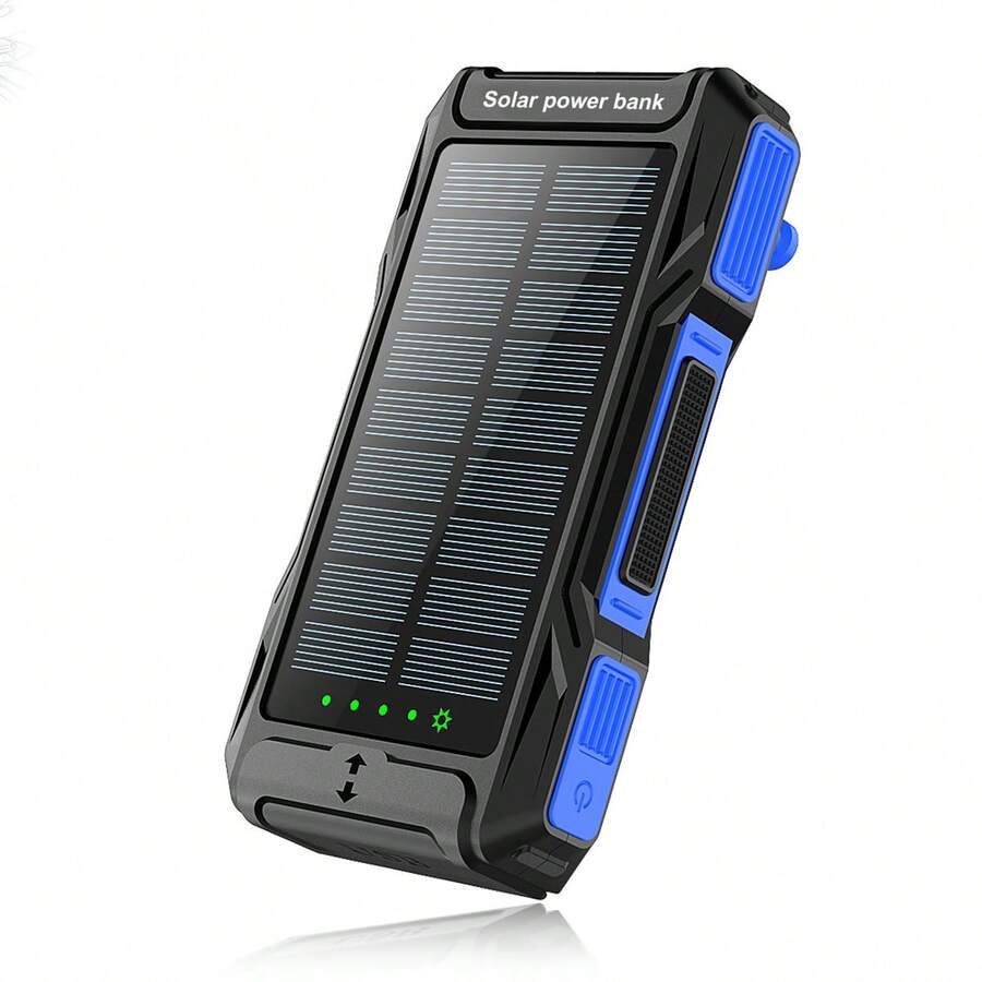 太阳能移动电源，10000mAh 便携式充电器，内置手摇曲柄，2.4A USB-C 快速充电，3 个输出和 3 个输入，SOS/频闪/手电筒/指南针，适用于手机/露营/徒步旅行/旅行，适合夏季假期户外旅行/露营和紧急备用移动电源 - 藍色 - 查看 1