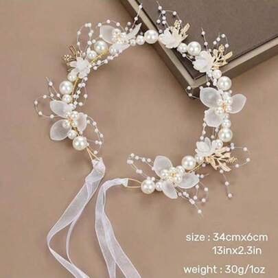 1pc Handmade Pearl Gold Leaf Crystal Acrylic Flower Decor Elegant Fashion Casual Party Headband Hair Accessories For Girls