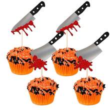 12pcs Halloween Cupcake Toppers Glitter Horror Blood Knife Cupcake Picks Have A Killer Birthday Cake Decorations For Halloween Blood Knife Theme Birthday Party Supplies