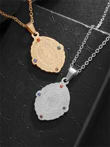 1pc Fashionable Colorful Cubic Zirconia Virgin Mary Pendant Necklace, Stainless Steel Jewelry Gift For Women