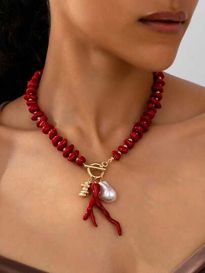 1 pieza Collar con colgante de estilo marino con cuentas de acrílico y perlas de coral rojo, apto para uso diario y de fiesta de mujeres