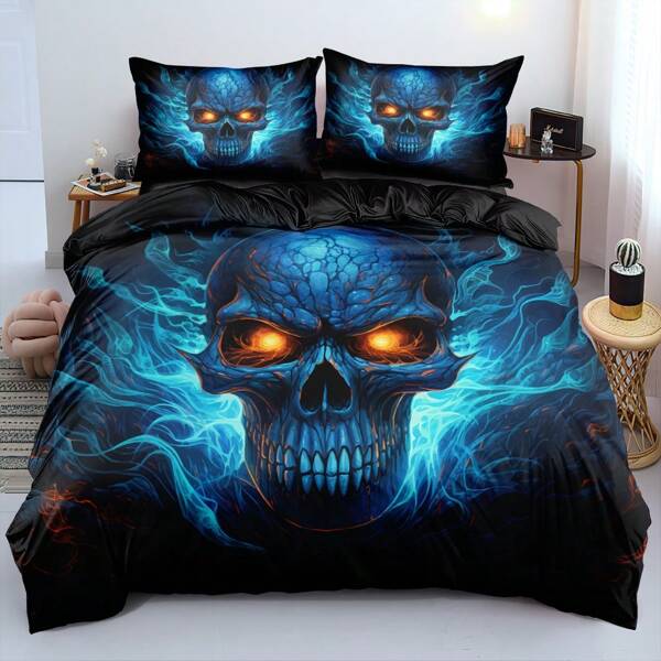 2/3pcs 3D Print Blue Skull Pattern Duvet Cover Set Blue Fire Bedding Sets For Girls And Boys Comforter Cover Set Fashionable Soft Bedroom Decor(Size 135x200 Only 1 Pillowcase)