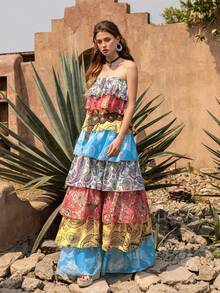 Faeriesty BohoBloom Strapless Multi-Layer Printed Summer Dress - Elegant Spring/Summer Style, Suitable For Beach Weddings | Garden Parties | Brunch | Music Festivals | Tropical Vacations (Belt Not Included) - Multicolor - View 5