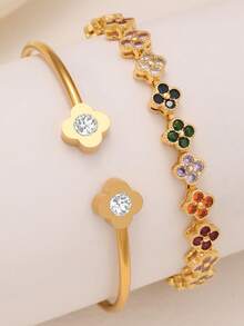 优雅时尚的四叶草彩色方晶锆石不锈钢女士手链套装，适合日常、晚会、情侣约会、送礼 - 金黃色 - 查看 8