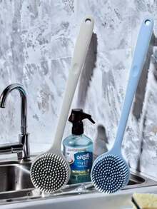 硅胶长柄背刷，用于沐浴和按摩，蓝色/灰色/粉色身体磨砂膏，非常适合淋浴和返校，是去角质和放松的理想选择