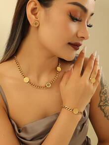 5 Stücke/set Edelstahl 18k Gold Runde Platte Geprägte Matten Ketten Kragen Knochen Halskette Für Frauen, Einschließlich Halskette, Ohrringe, Ringe, Armband - Gold - Übersicht 3