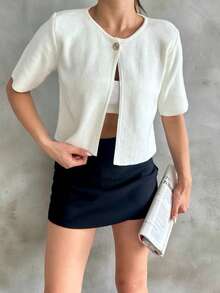 女式纯色单扣休闲针织开衫，短袖 - 白色 - 查看 2