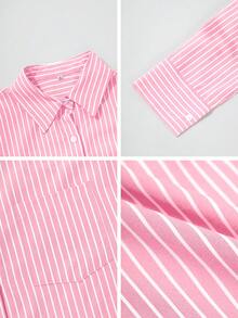 Look Polly Women's Valentine's Day Pink Striped Long Sleeve Shirt, Single-Breasted Casual Beach Fashion, Pocket Design, Suitable For Back To School Season, Retro Beach Style Women's Thanksgiving Shirt, Beach Fashion Women's Shirt - Pink - View 11