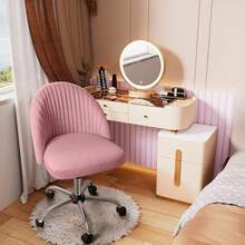 Office Chair Armless Cute Desk Chair Modern Adjustable Swivel Padded Fabric Vanity Task Computer Chair Home Office Desk Chairs With Wheels (Pink) - 粉色 - 查看 2
