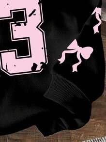 Girls Bow & Number Print Hooded Sweatshirt, Warm - Black - View 5