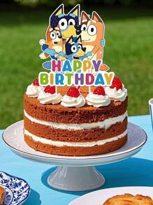 Bluey ديكور حفلة عيد ميلاد بلوي الكرتونية، ديكور حفلة عيد ميلاد كارتوني يشمل علم كعكة كبيرة وعلم كعكة صغيرة