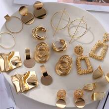5 Pairs Metallic Geometric Earring Set, Suitable For Women Everyday, Holiday, Party Wear (Assorted Styles) - Gold - View 1