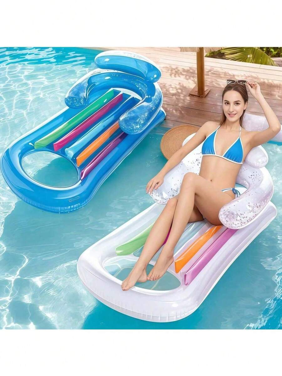 一体式充气折叠沙滩床 - 舒适的水上浮床，配有柔软的垫子，便携、轻便，适合泳池派对、水上乐趣和夏季户外活动、沙滩必需品、沙滩配件 - 彩色 - 查看 1