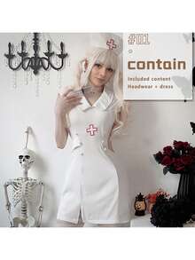 Women Nurse Costumes Cross Short Sleeve Collared Mini Dress With Hat Halloween Cosplay Outfit - White - View 5