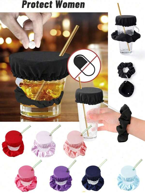 6 peças - Tampas para proteção contra bebidas alcoólicas, tampa reutilizável para copos com furo para canudo, com elástico para prender o cabelo no intestino grosso, protetor de copos para festas em bares e clubes para manter itens indesejados longe, conjunto de anéis de cabelo para copos de nylon com furo para beber - Capa para copos Scrunchie Club segura para alimentos
