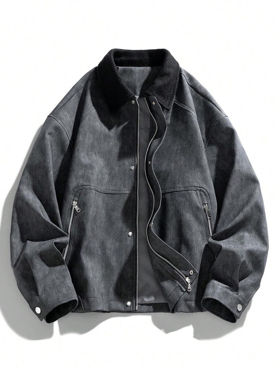 Men's Casual Loose Fit Jacket With Turndown Collar, Suitable For Outdoor Wear In Autumn/Winter - Black - View 1