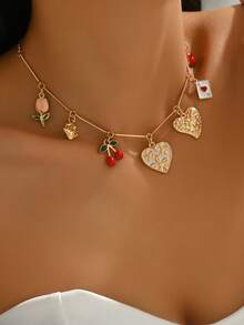 1 件可爱滴釉樱桃和金色心形吊坠项链，百搭滴花设计女士珠宝，适合日常佩戴、海滩度假、约会、派对 - 彩色 - 查看 2