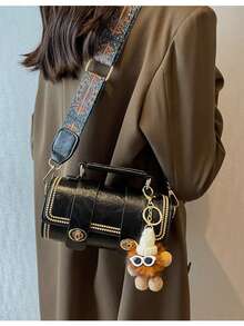 1pc Mini Retro Round Handbag For Women, Daily Use (With Furry Decoration) - Black - View 5