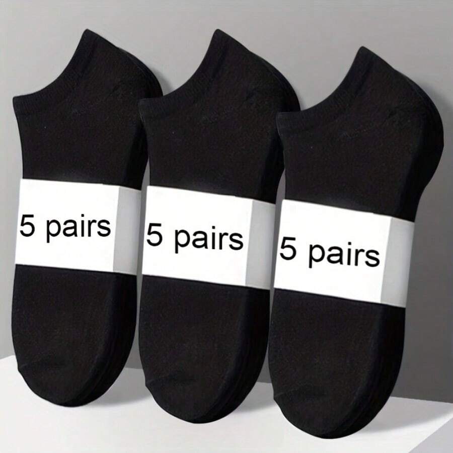 5 Pairs Of Thin - Sweat Absorbing And Comfortable, Available In 3 Colors (Black/Gray/White), Solid Color Design, Fashionable And Casual Socks, Suitable For Daily Leisure And Office Wear, Comfortable And Fitting - màu đen - Xem 1