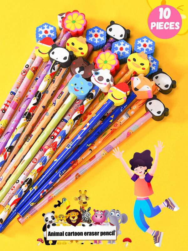 10 pièces de styles aléatoires, crayons de dessin animé mignons, fournitures de boîte cadeau pour la maternelle, gommes effaçables pour les examens de l'école primaire, cadeaux de récompense, cadeaux idéaux pour la rentrée scolaire