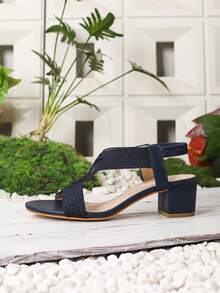 女式高跟凉鞋：罗马风格粗跟露趾松紧带波西米亚设计 - 寶藍色 - 查看 5